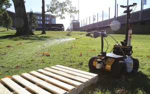 Decontamination robot with two attached sprayers developed at the Worcester Polytechnic Institute.